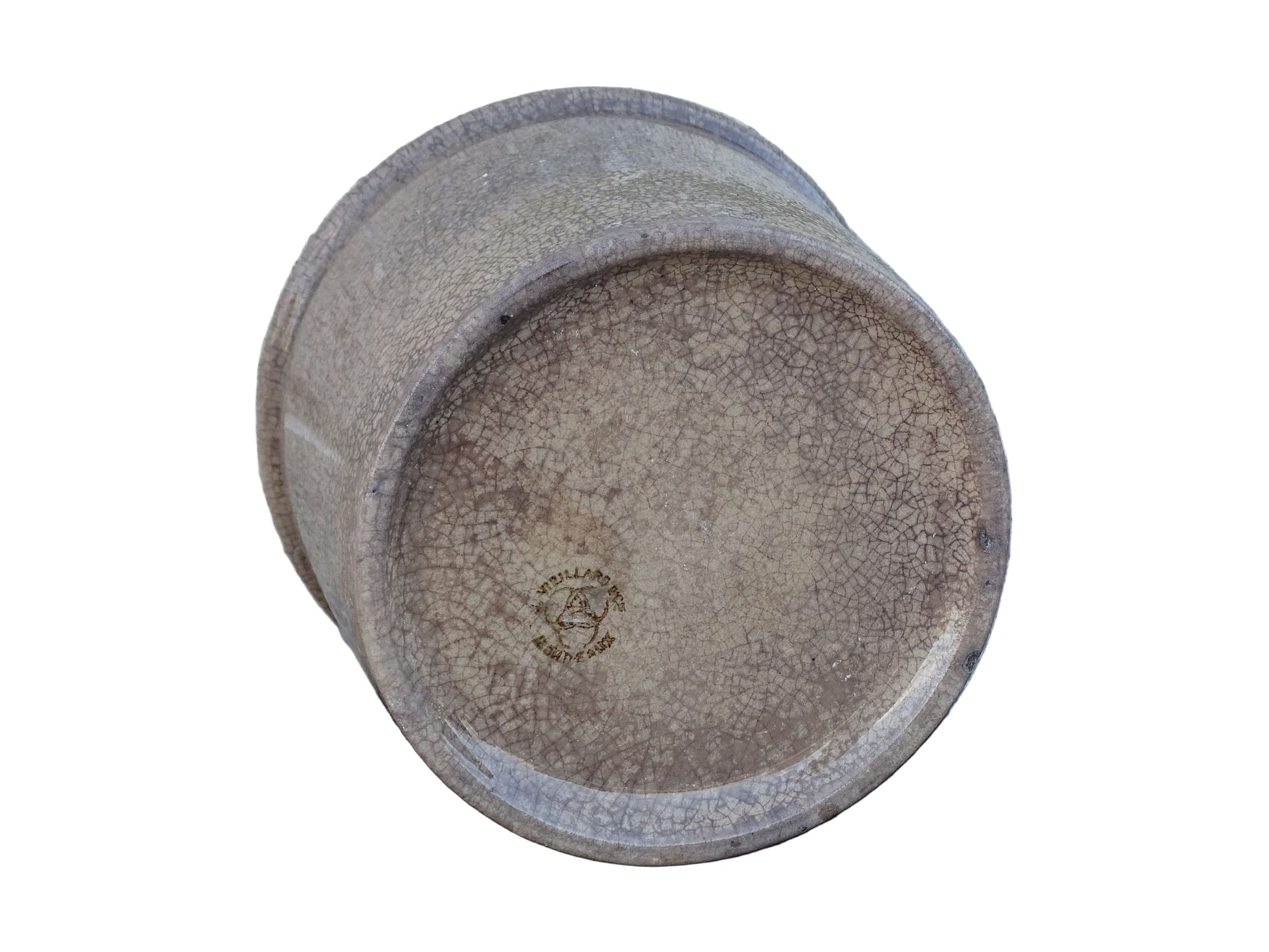 French antique Vallauris ceramic confiture pot. Timeworn pottery jam pot with patina.