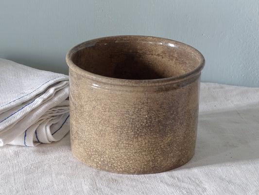 French antique ironstone confiture pot with worn glaze