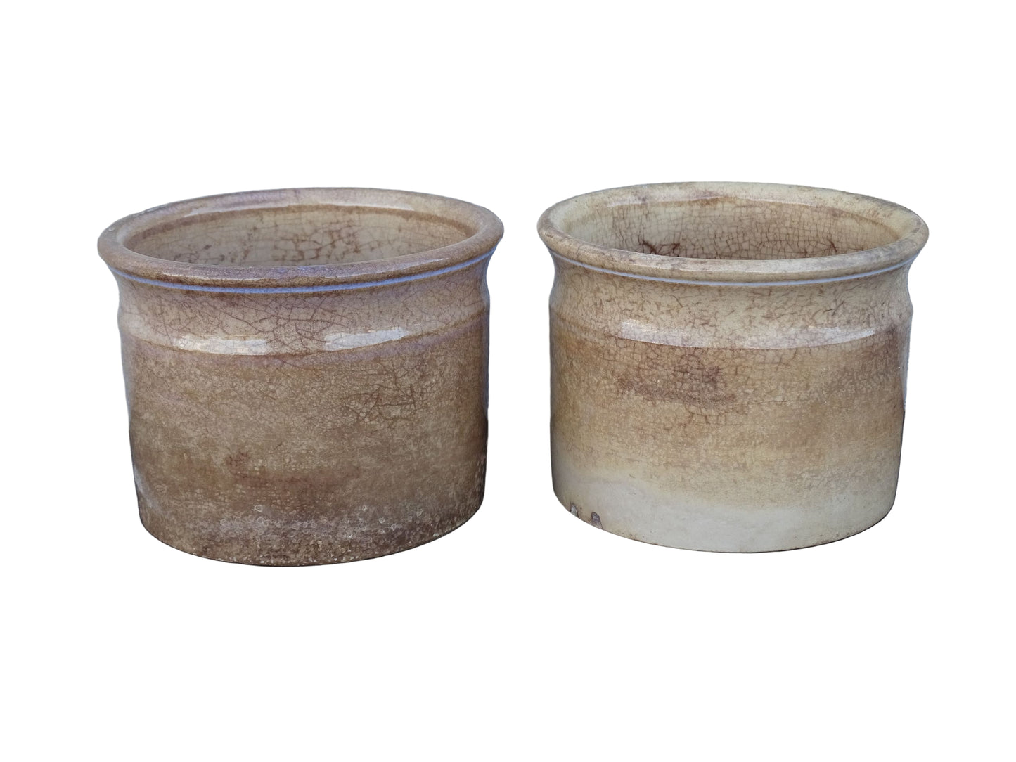 Timeworn French antique ceramic pots by Sarreguemines. 19th century rustic pottery confiture pots for a French country farmhouse display. 