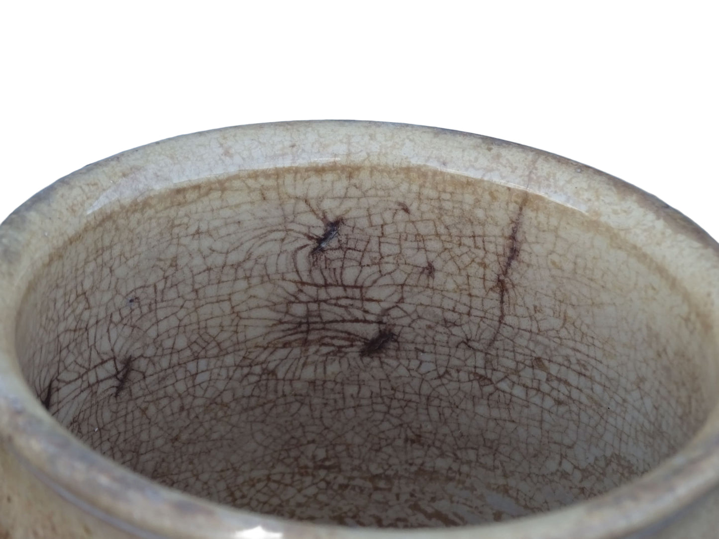 Timeworn French antique ceramic pots by Sarreguemines. 19th century rustic pottery confiture pots for a French country farmhouse display. 