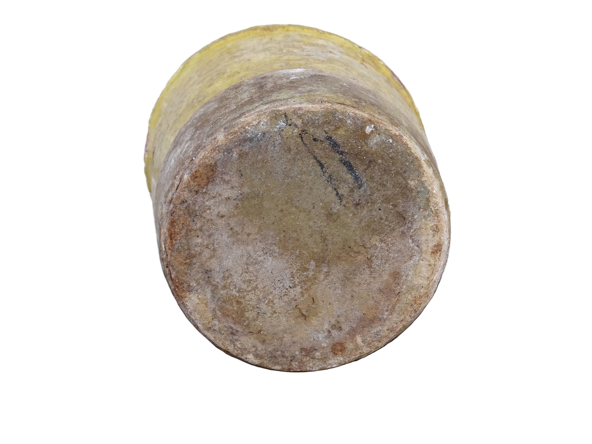 French antique yellow confit pot with patina. Aged earthenware pot with glaze.