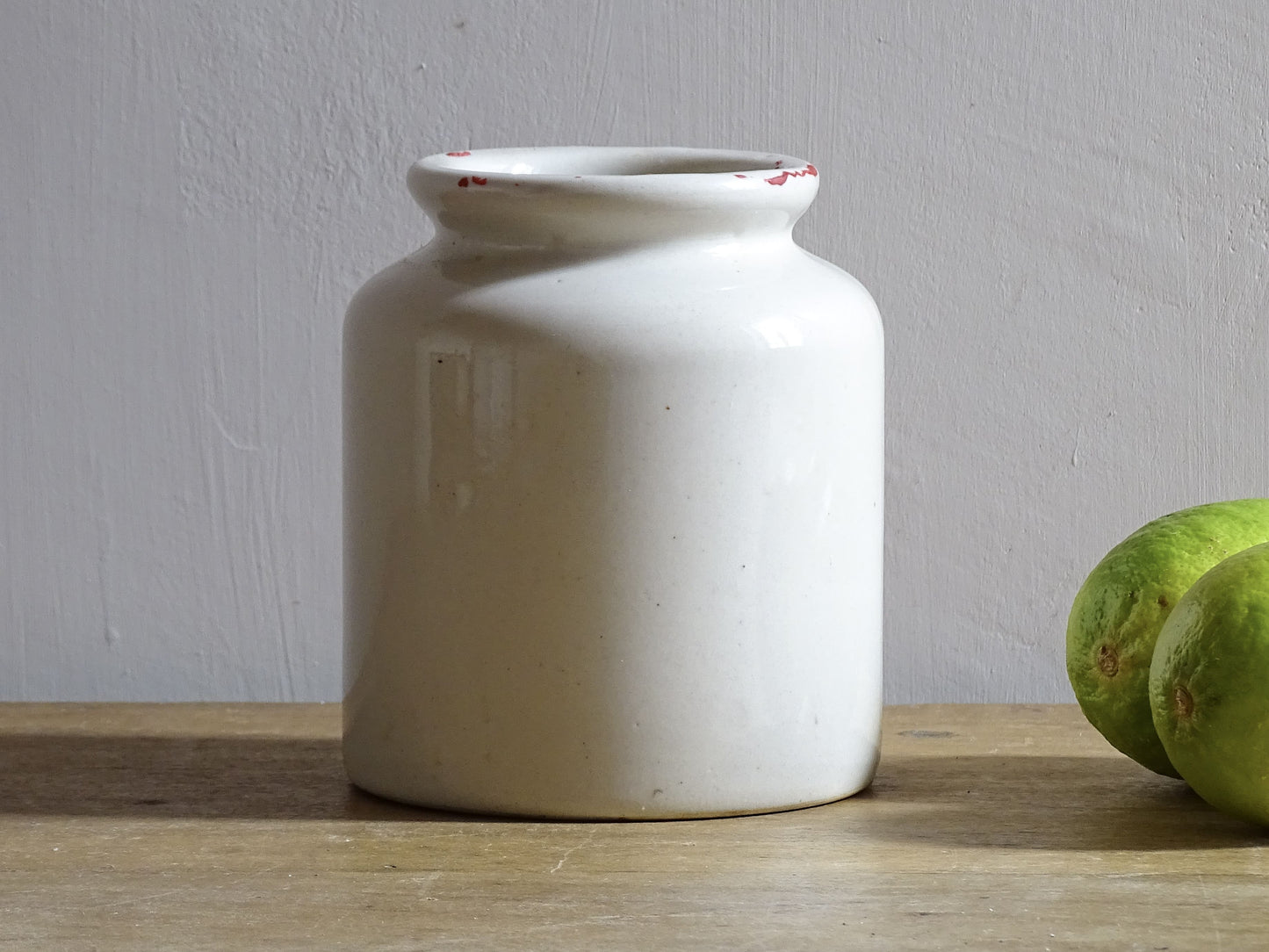 Small French vintage ceramic jar or stoneware mustard pot with a pale cream glaze.