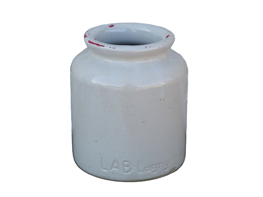 Small French vintage ceramic jar or stoneware mustard pot with a pale cream glaze.