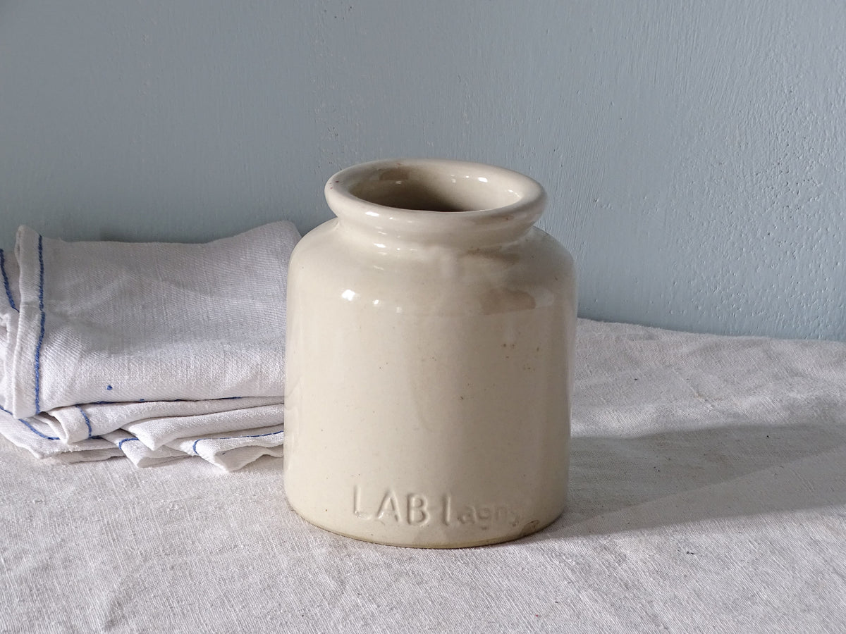 French vintage ceramic mustard pot with antique linen