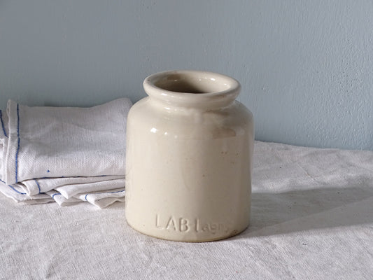 French vintage ceramic mustard pot with antique linen