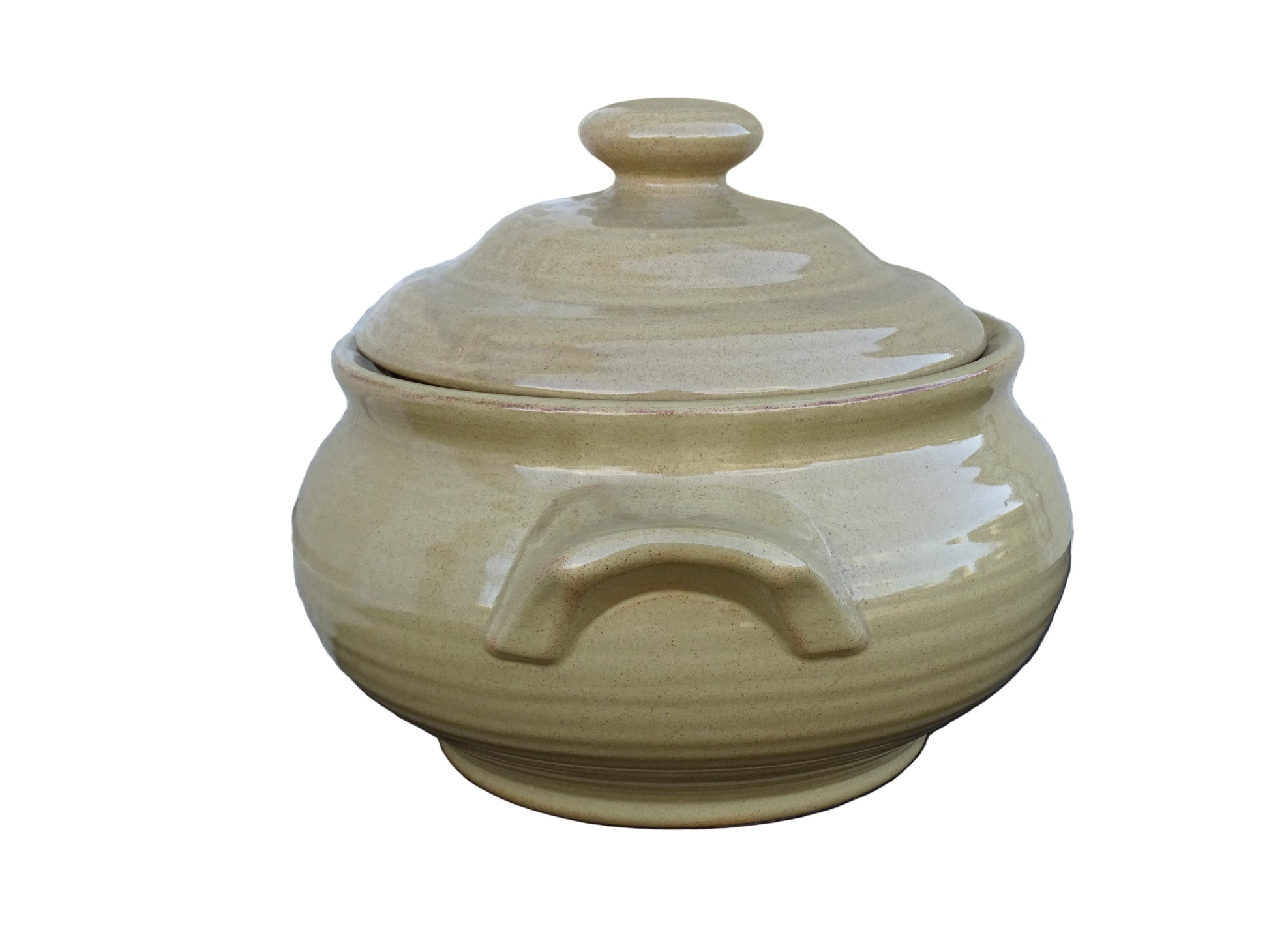 Vintage French pottery tureen with pale yellow glaze. 