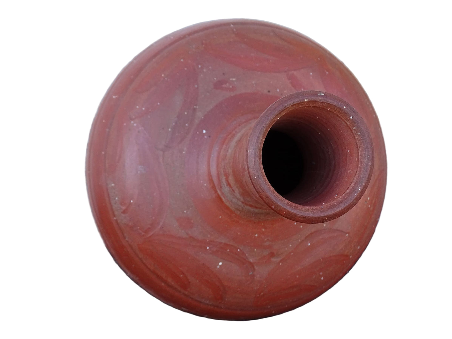 French vintage pottery vase in a deep red colour with floral detailing. The body of this terracotta vessel is bulbous in shape