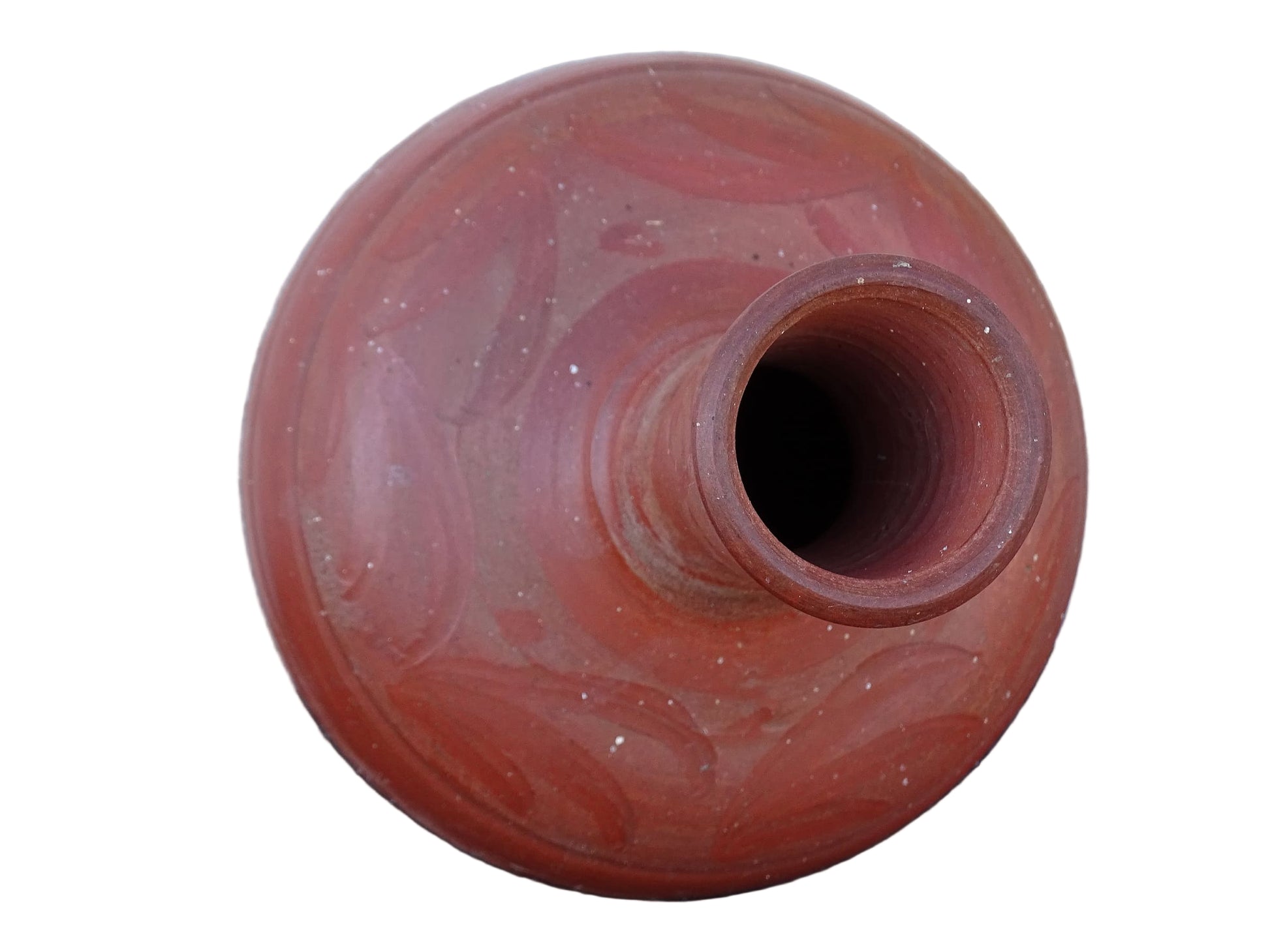 French vintage pottery vase in a deep red colour with floral detailing. The body of this terracotta vessel is bulbous in shape