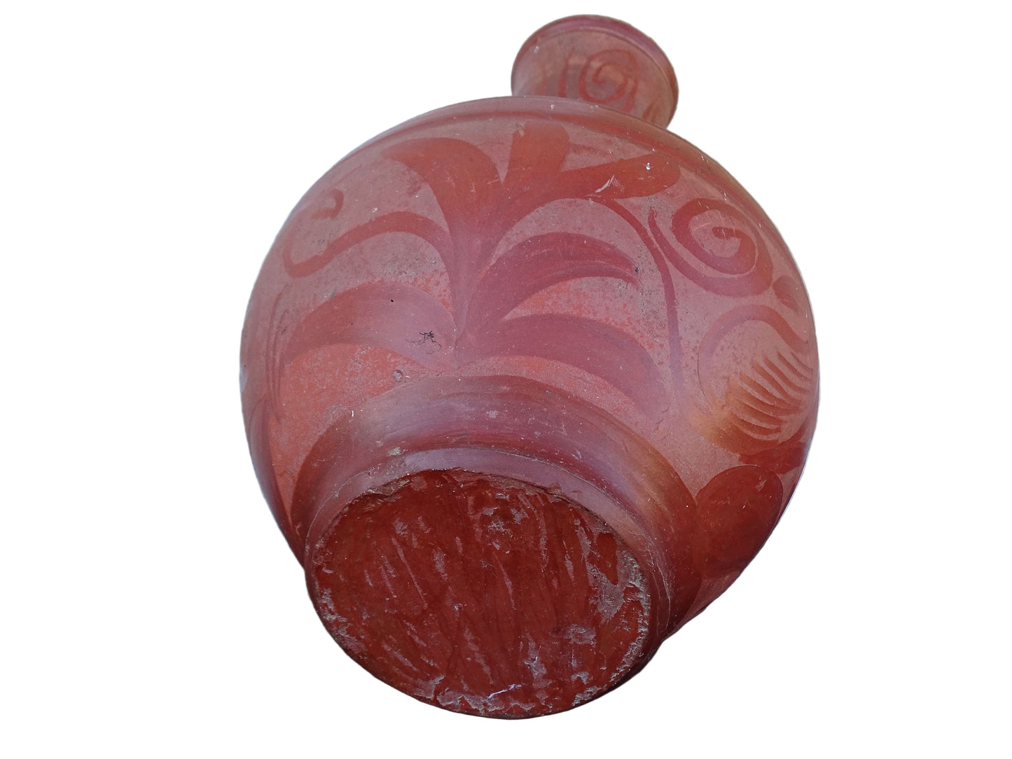French vintage pottery vase in a deep red colour with floral detailing. The body of this terracotta vessel is bulbous in shape