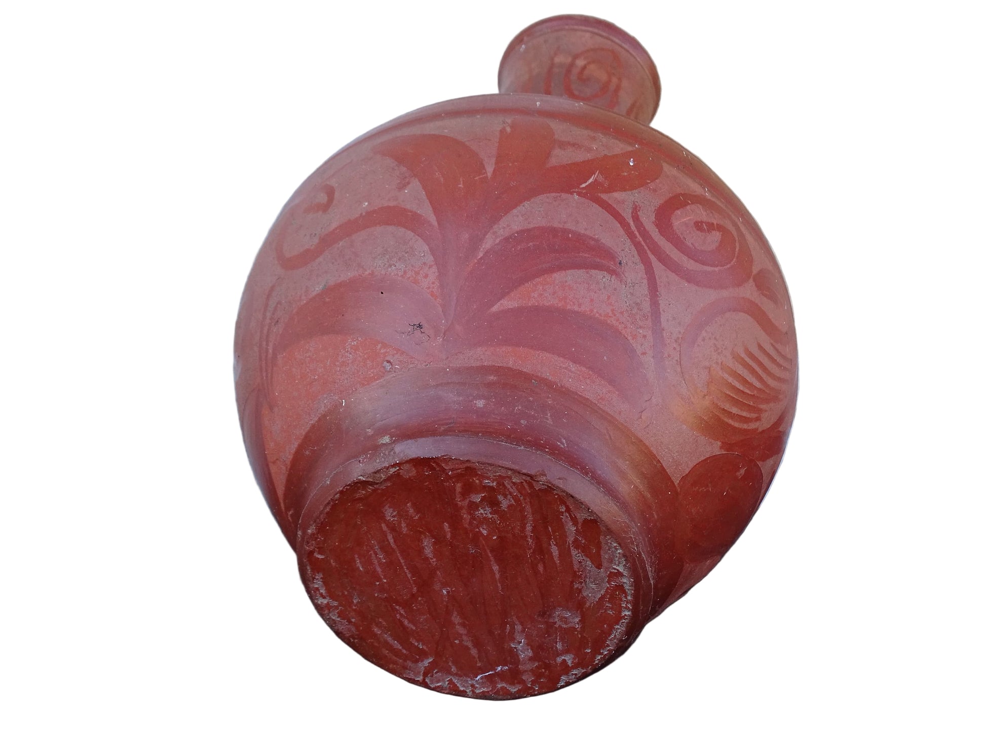 French vintage pottery vase in a deep red colour with floral detailing. The body of this terracotta vessel is bulbous in shape