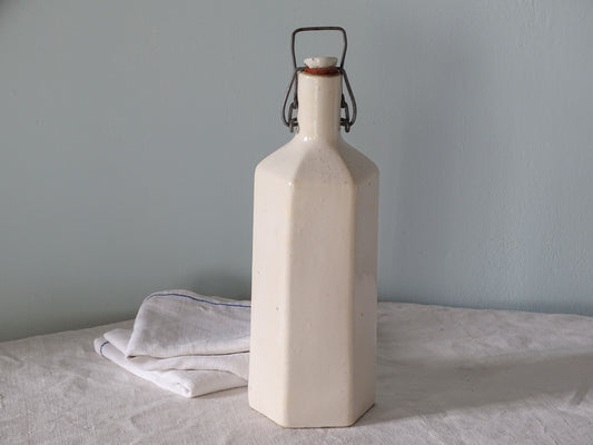 French vintage stoneware bottle with stopper and white glaze 