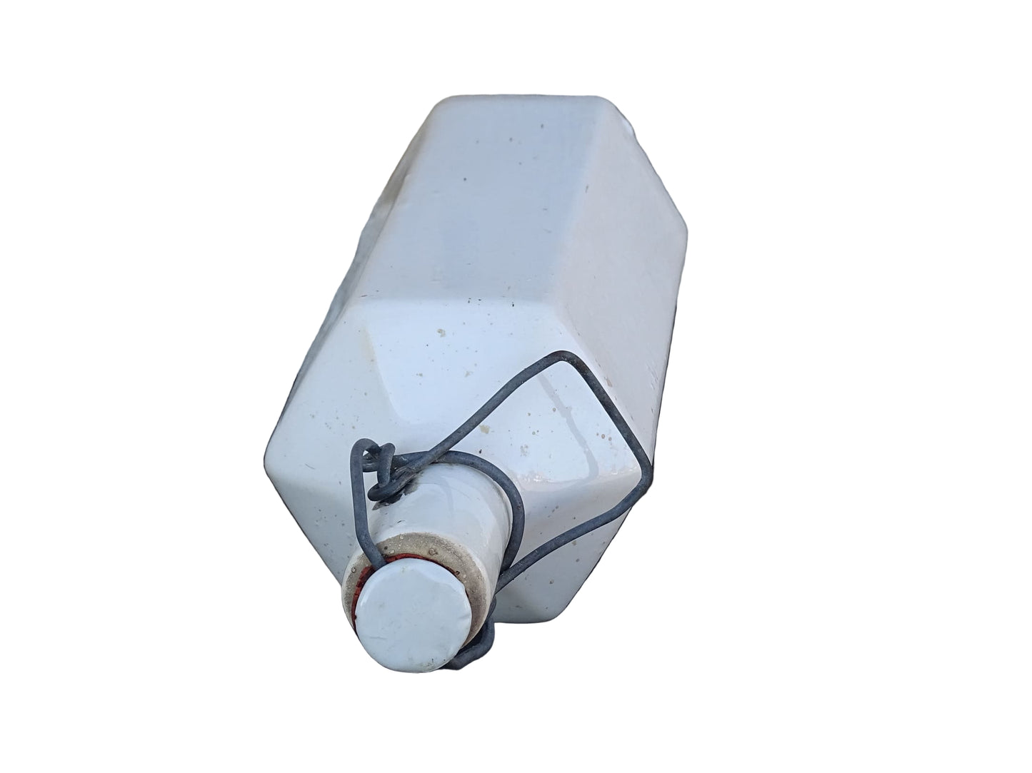 French vintage stoneware bottle with a white glaze and hexagonal in shape.