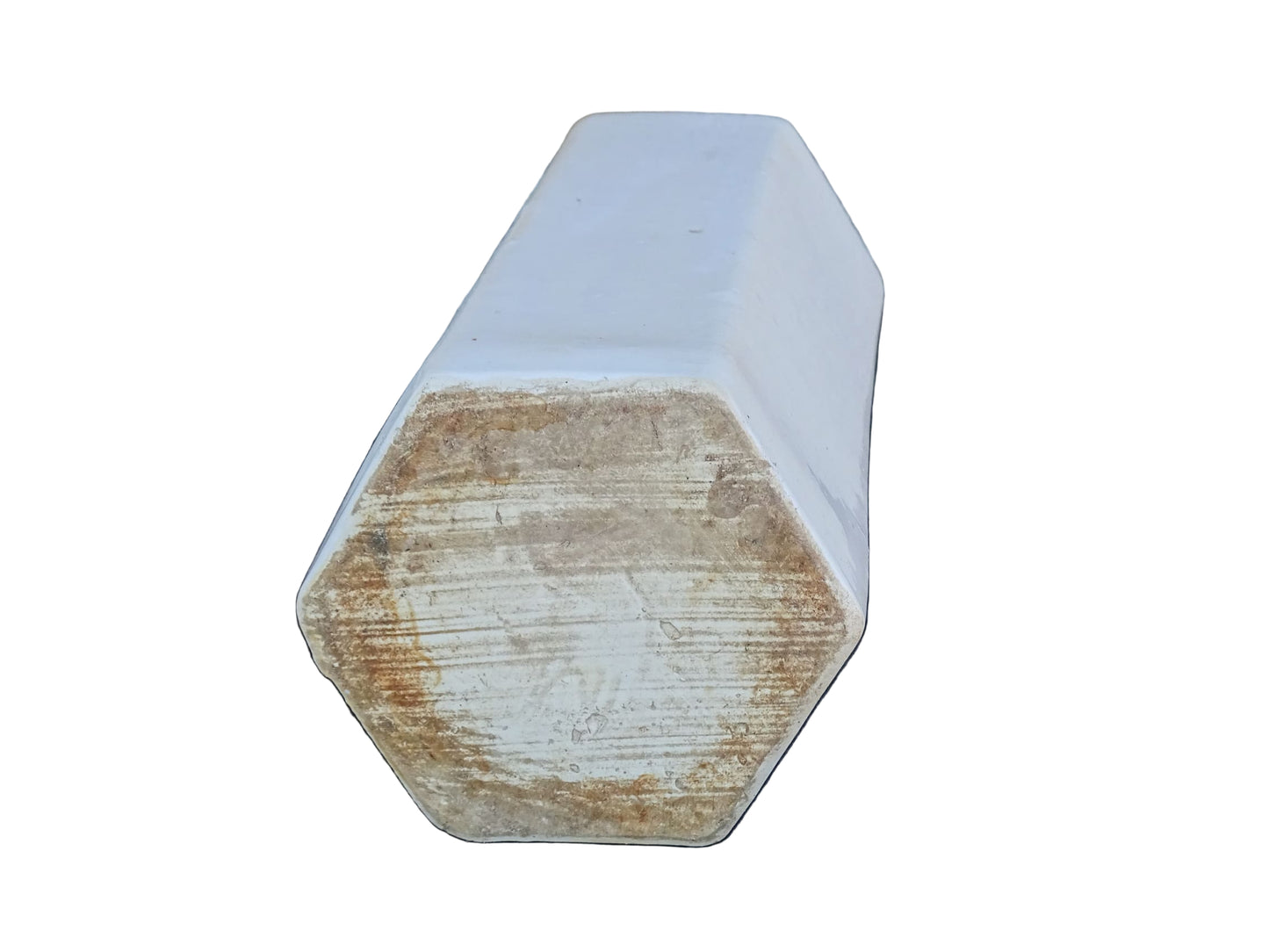 French vintage stoneware bottle with a white glaze and hexagonal in shape.