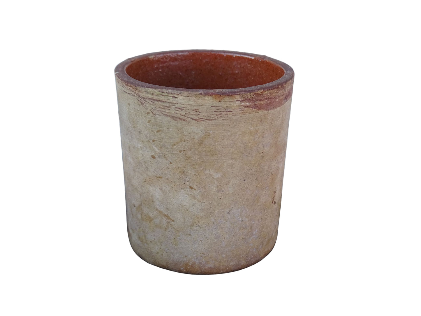 Small French antique terracotta pot. Rustic pottery pot with a brown glaze interior. 