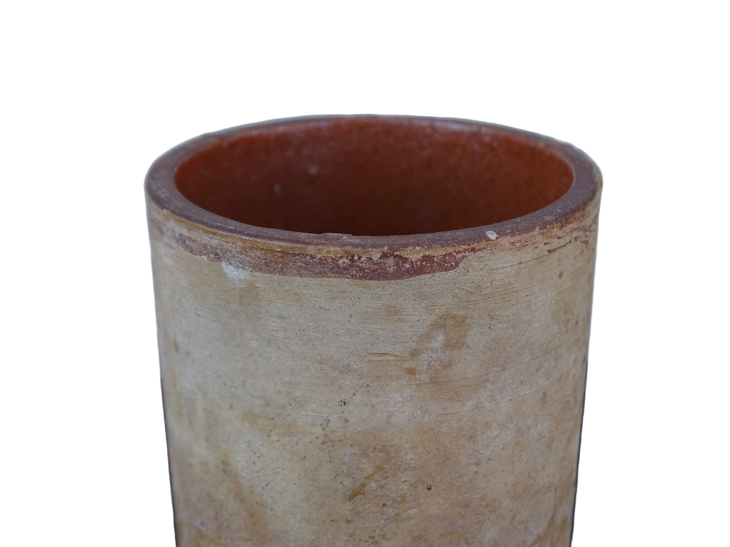 Small French antique terracotta pot. Rustic pottery pot with a brown glaze interior. 