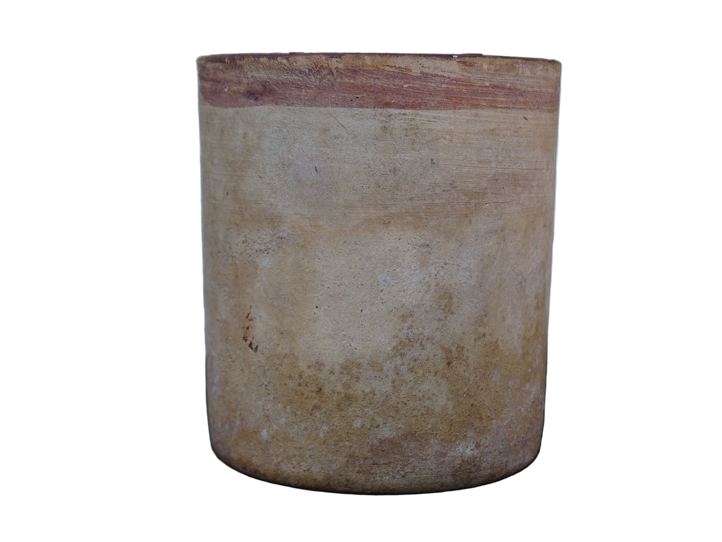 Small French antique terracotta pot. Rustic pottery pot with a brown glaze interior. 