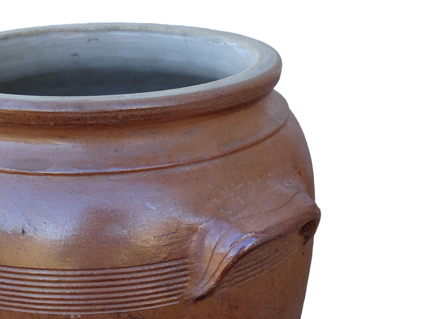 Large and impressive French antique pottery confit pot with a brown salt glaze. Stoneware jar with handles.