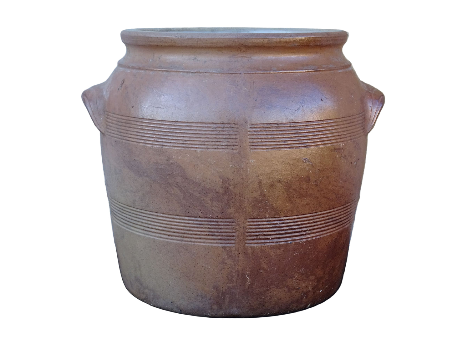 Large and impressive French antique pottery confit pot with a brown salt glaze. Stoneware jar with handles.