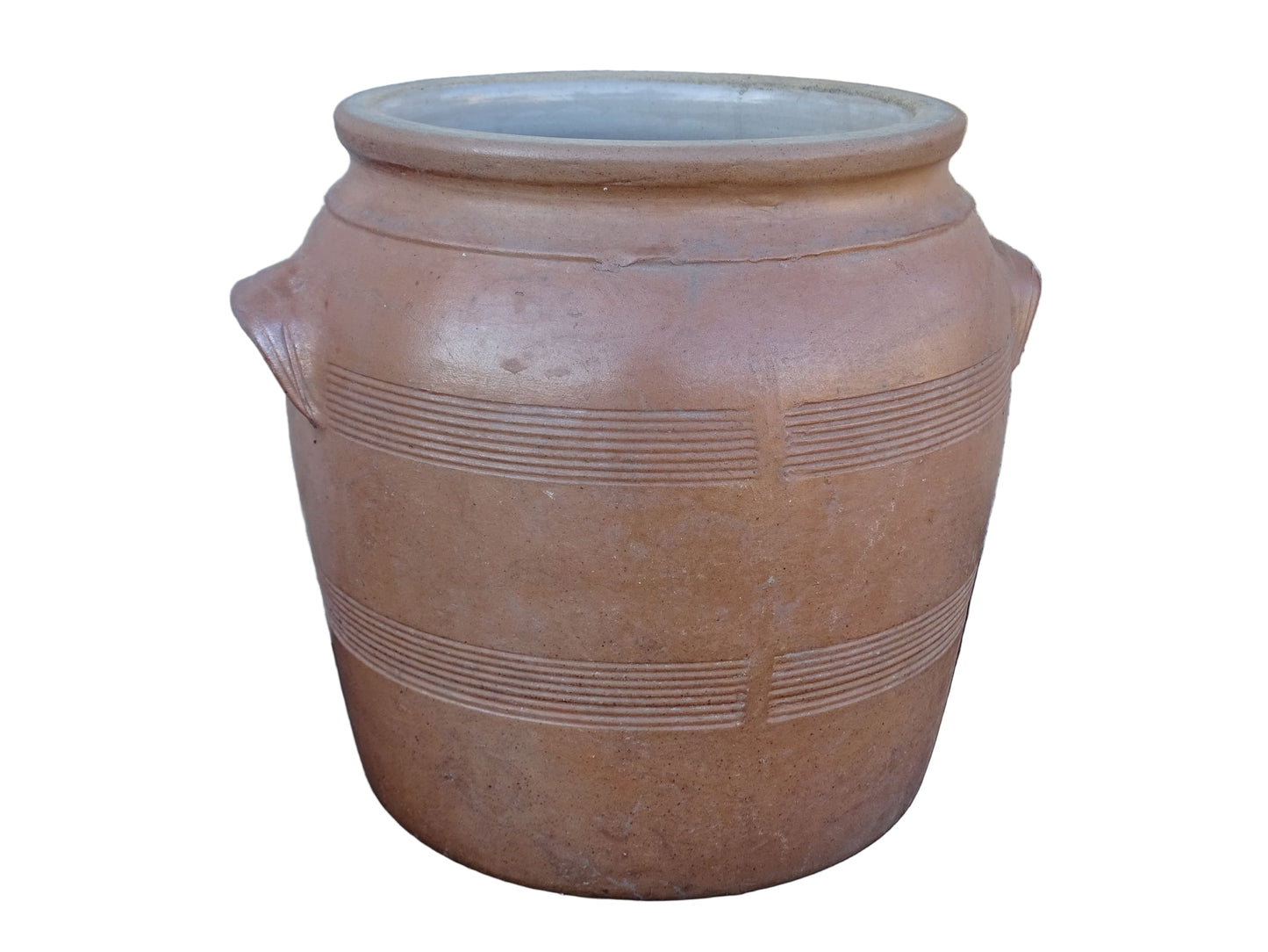 Large and impressive French antique pottery confit pot with a brown salt glaze. Stoneware jar with handles.
