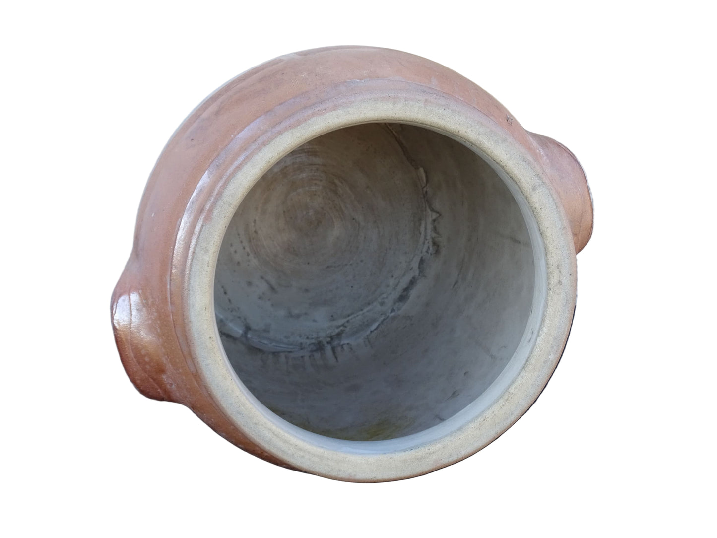 Large and impressive French antique pottery confit pot with a brown salt glaze. Stoneware jar with handles.