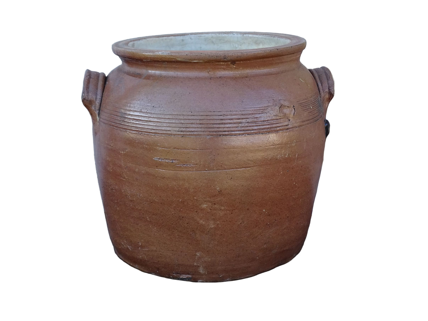 French antique pottery confit jar with a brown glaze. 20th century salt glazed stoneware cache pot. 
