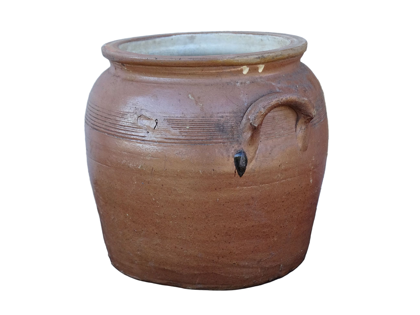 French antique pottery confit jar with a brown glaze. 20th century salt glazed stoneware cache pot. 