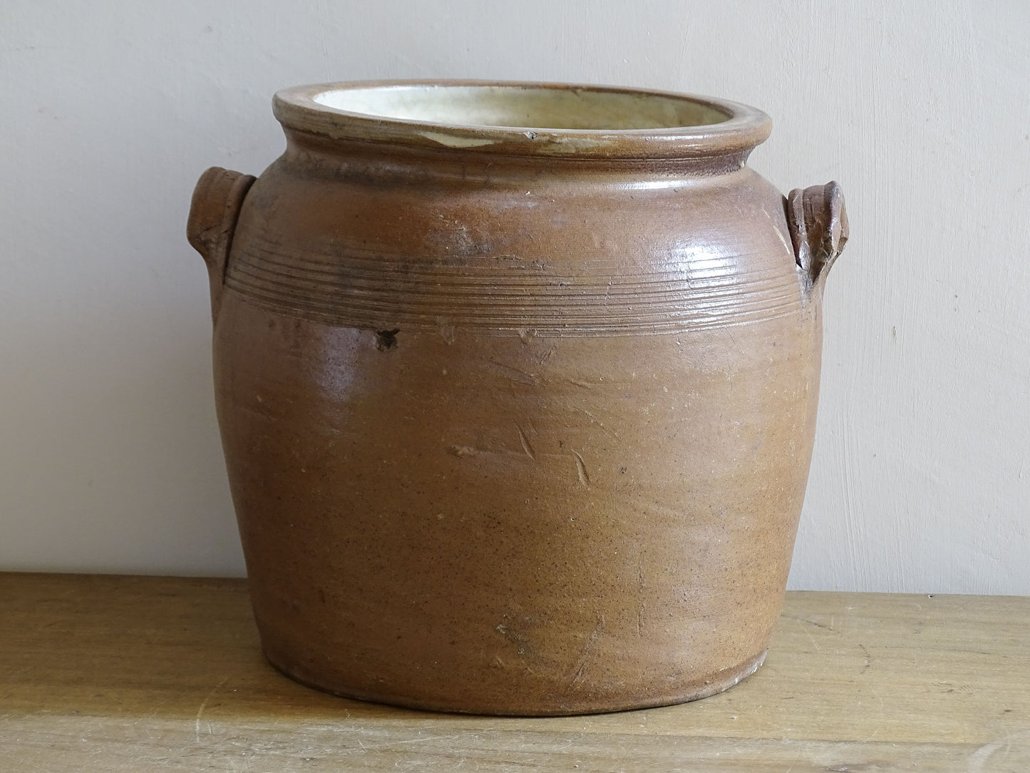 French antique stoneware confit pot with brown glaze