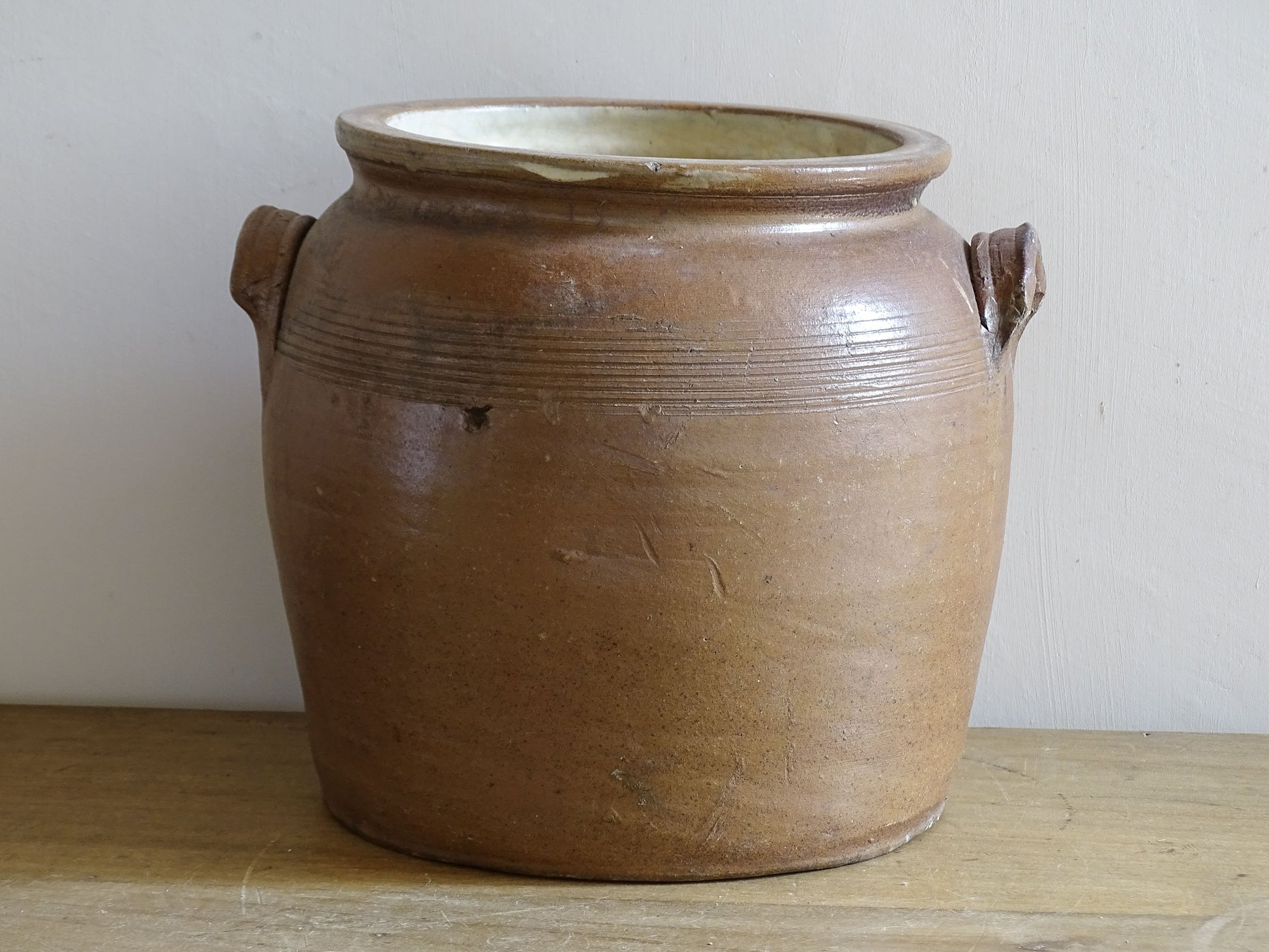 French antique stoneware confit pot with brown glaze