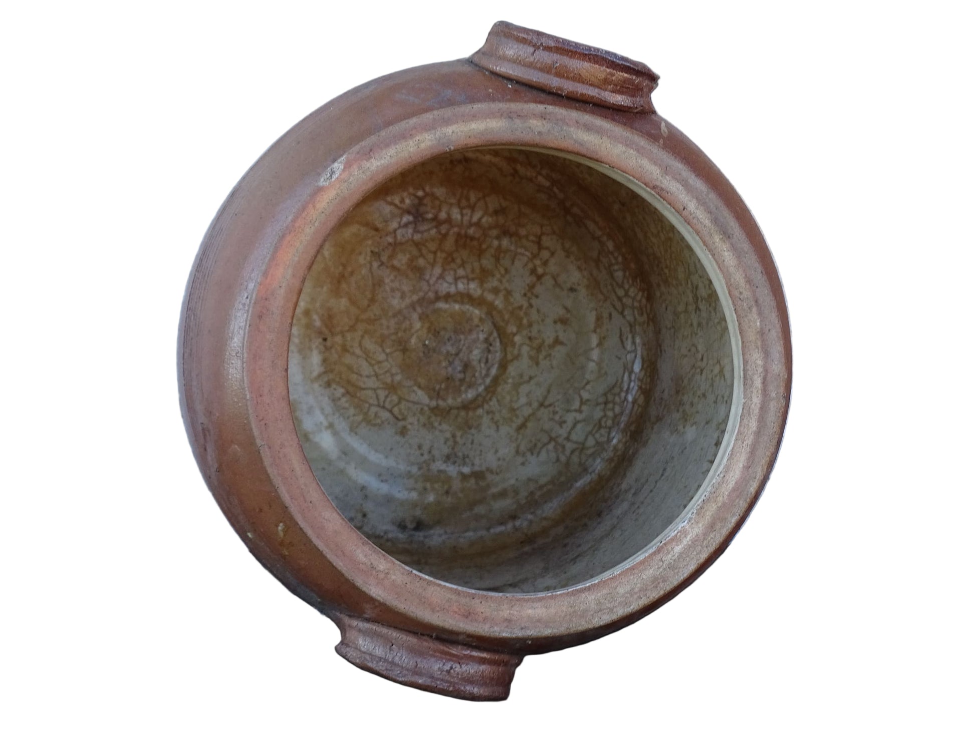 French antique pottery confit jar with a brown glaze. 20th century salt glazed stoneware cache pot. 