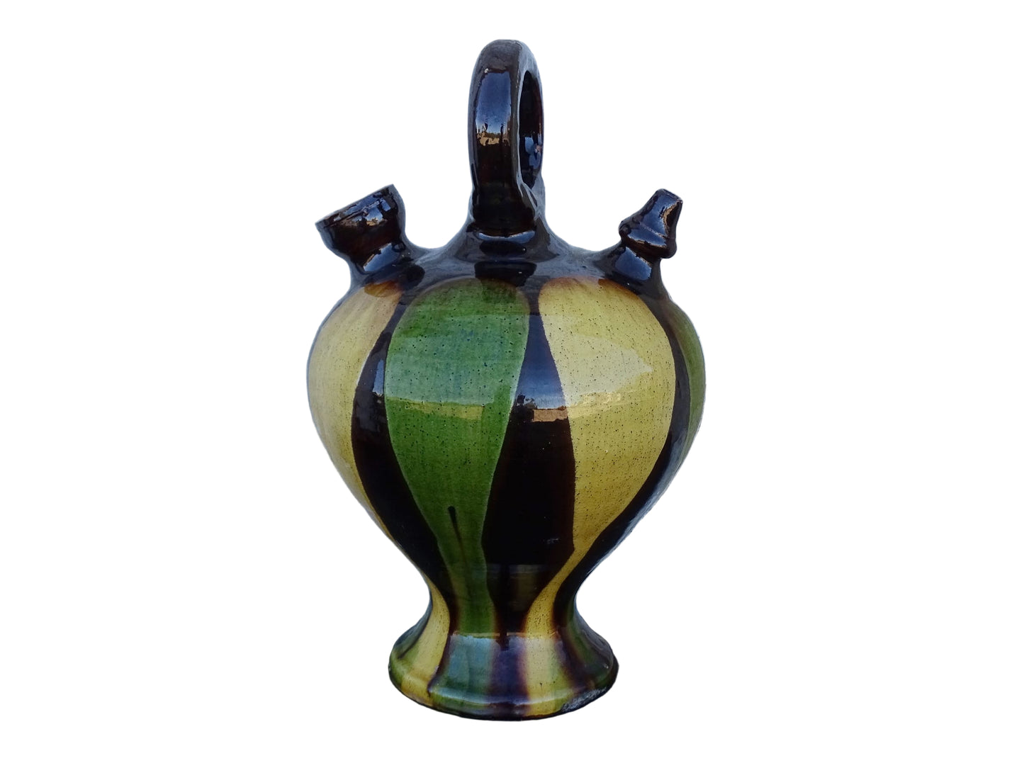 French Antique Pitcher or Gargoulette with Green and Yellow Glaze 12.8"