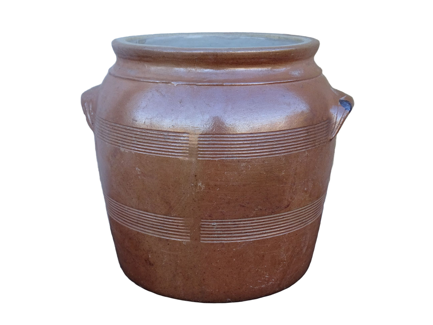 French antique ceramic jar with salt glaze. Brown confit pot with two handles and grey glaze interior.