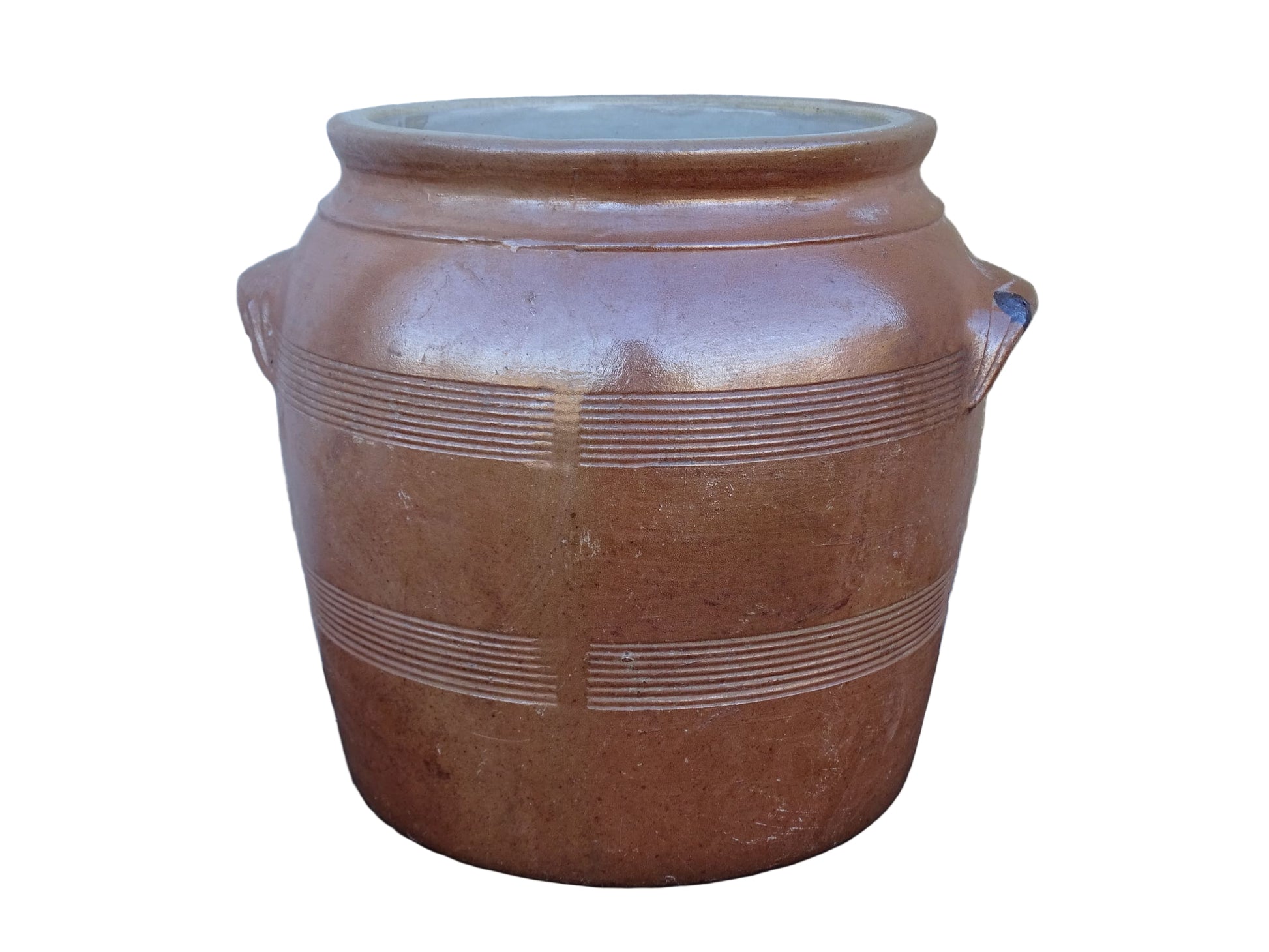French antique ceramic jar with salt glaze. Brown confit pot with two handles and grey glaze interior.