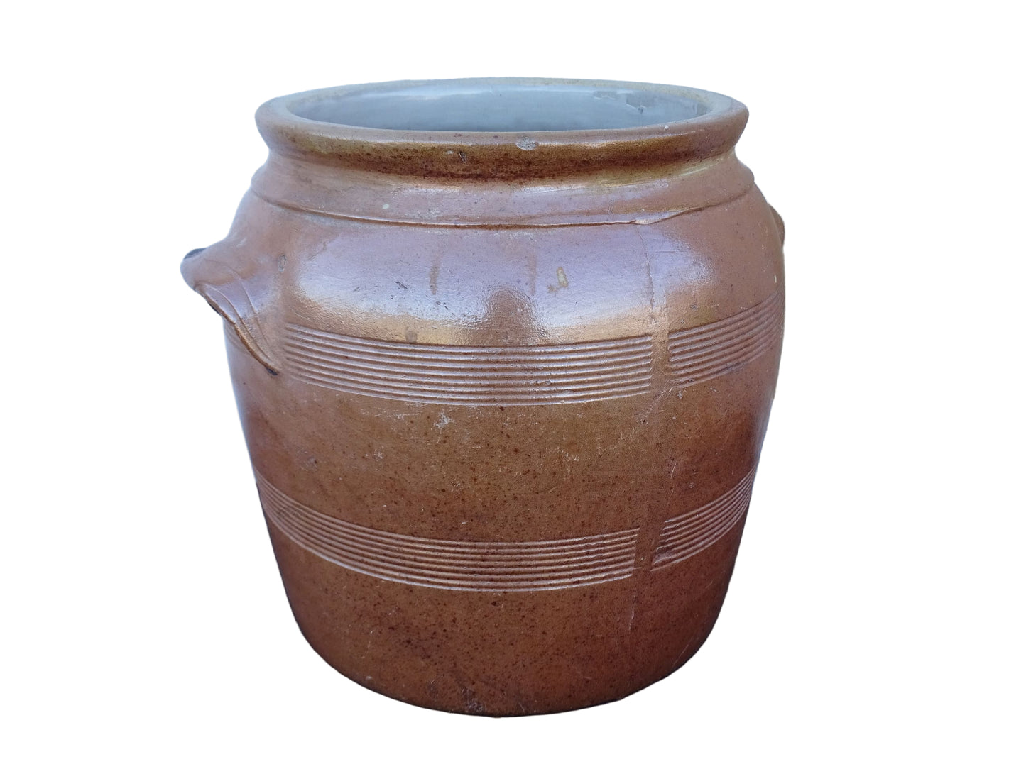 French antique ceramic jar with salt glaze. Brown confit pot with two handles and grey glaze interior.