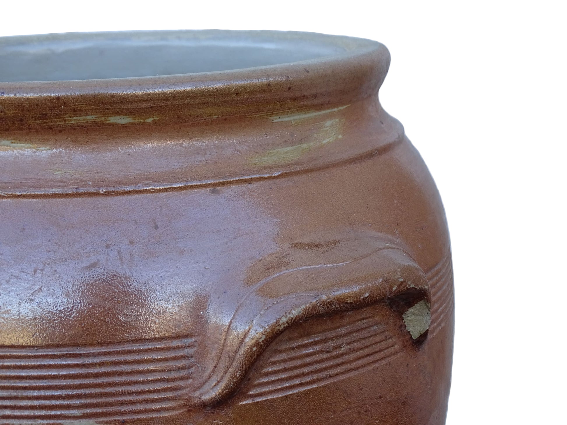 French antique ceramic jar with salt glaze. Brown confit pot with two handles and grey glaze interior.