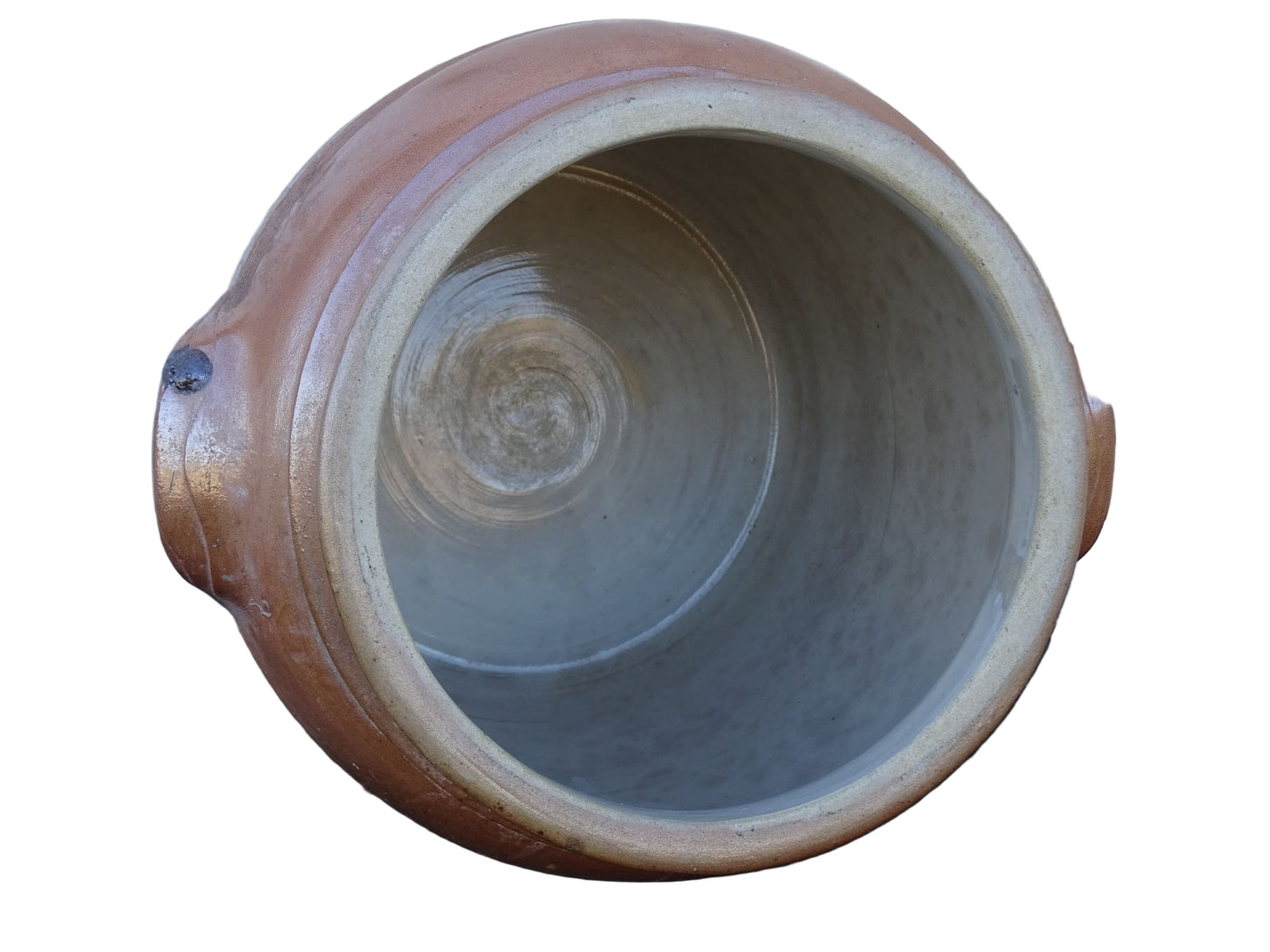 French antique ceramic jar with salt glaze. Brown confit pot with two handles and grey glaze interior.