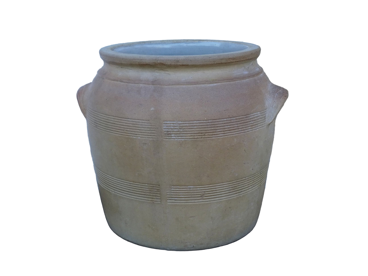 Large French antique stoneware jar with a brown glaze. This old confit pot has two handles.