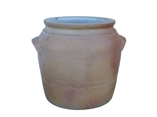 Large French antique stoneware jar with a brown glaze. This old confit pot has two handles.