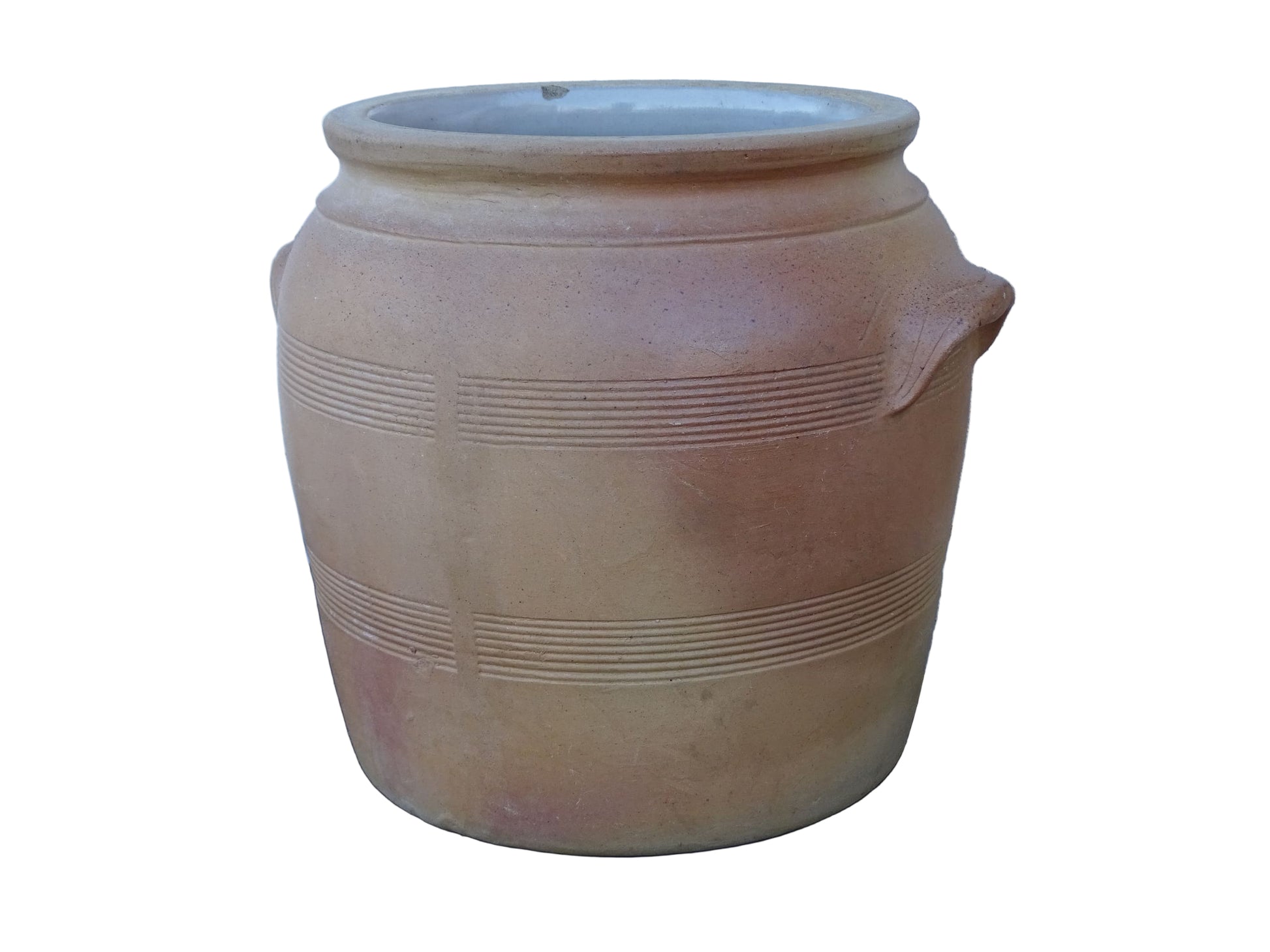 Large French antique stoneware jar with a brown glaze. This old confit pot has two handles.