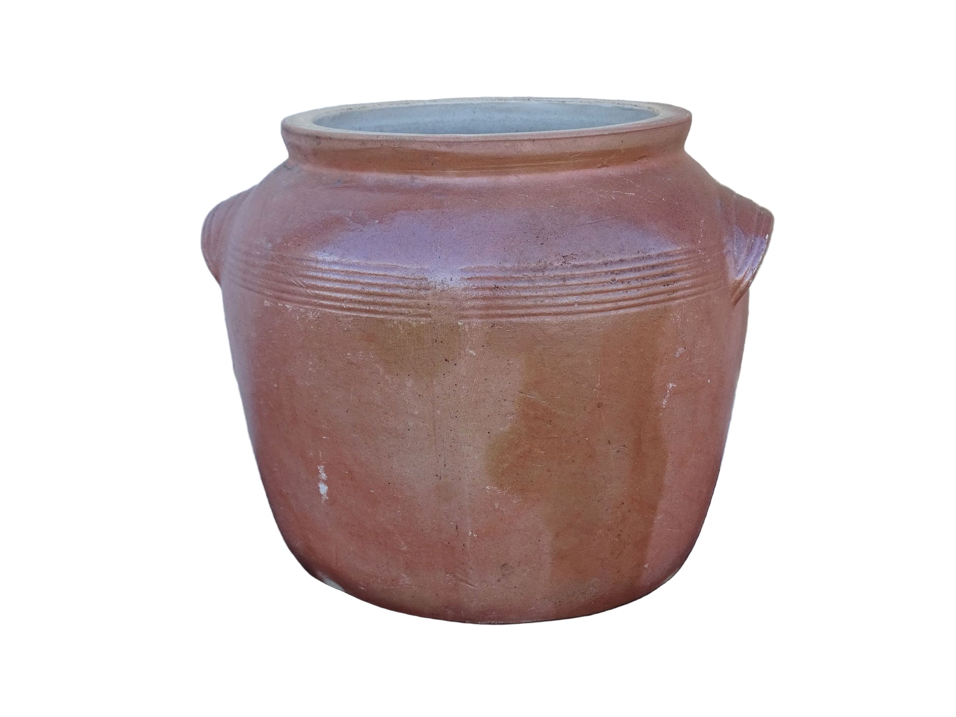  French antique stoneware pot with a brown salt glaze. This confit jar has two handles and a grey glaze to the interior. 
