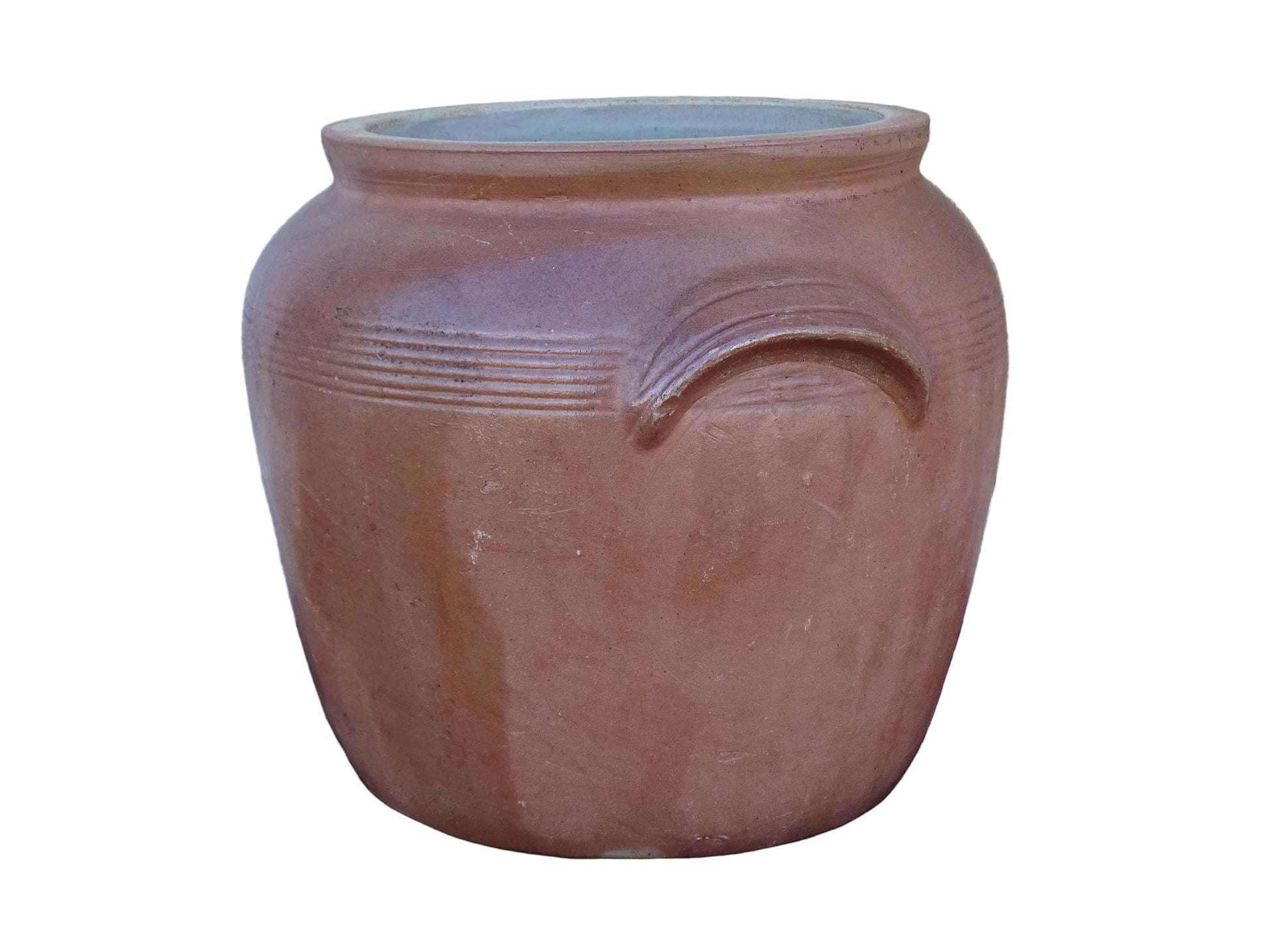  French antique stoneware pot with a brown salt glaze. This confit jar has two handles and a grey glaze to the interior. 
