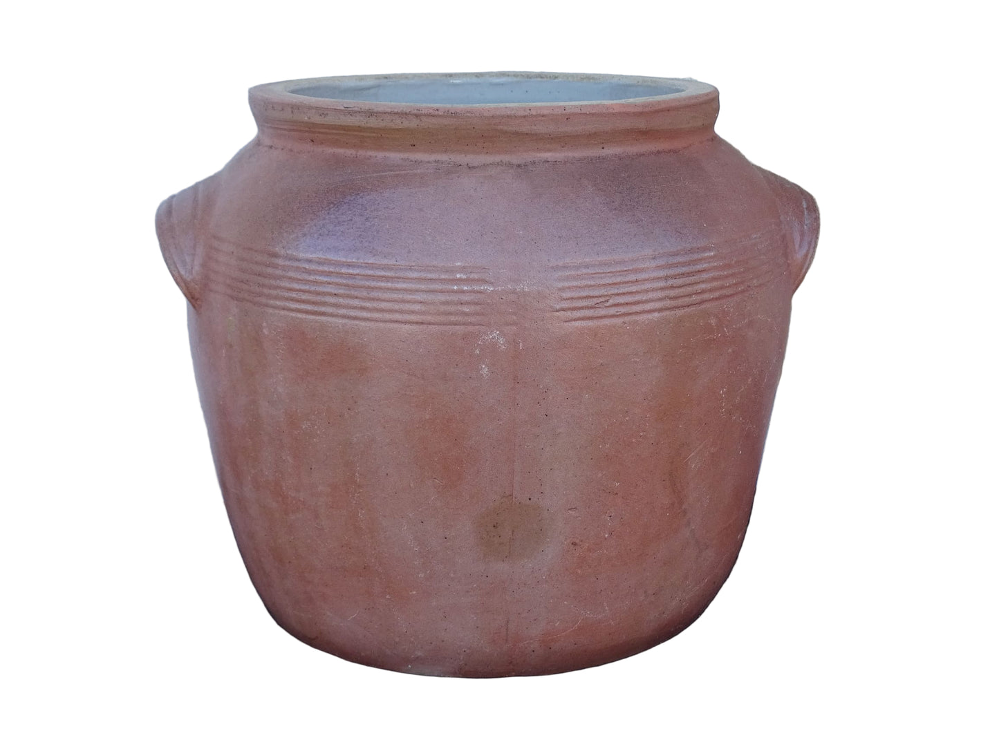  French antique stoneware pot with a brown salt glaze. This confit jar has two handles and a grey glaze to the interior. 