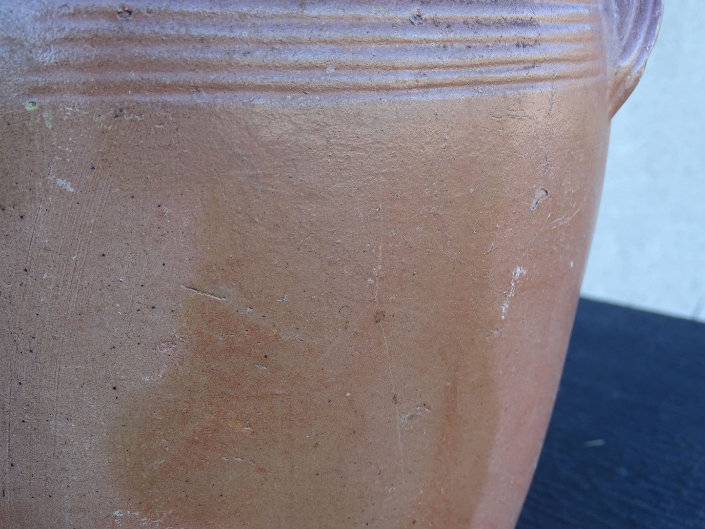  French antique stoneware pot with a brown salt glaze. This confit jar has two handles and a grey glaze to the interior. 