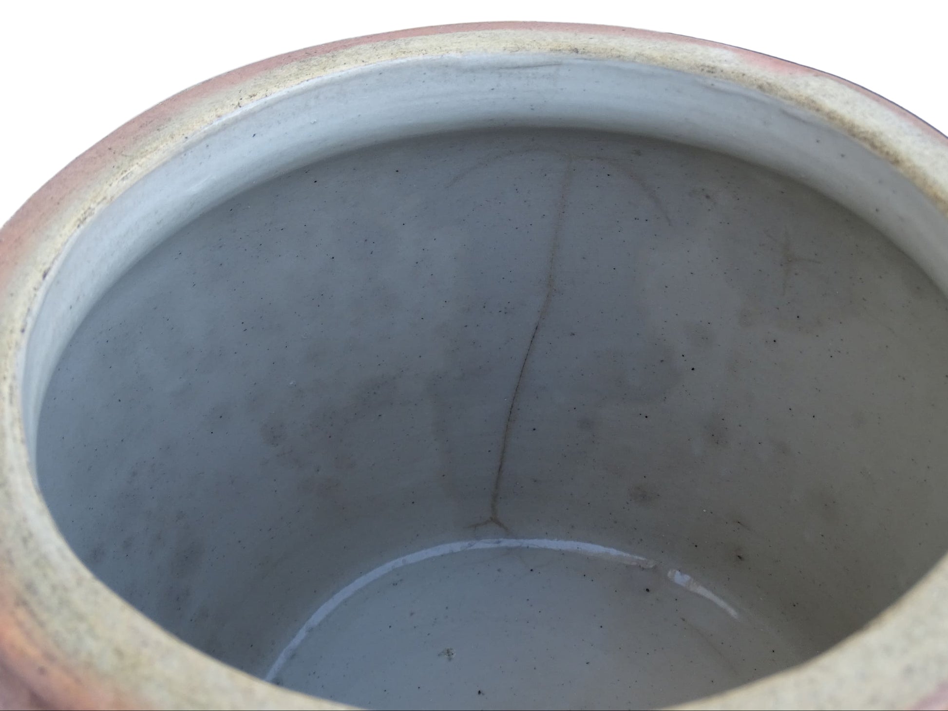  French antique stoneware pot with a brown salt glaze. This confit jar has two handles and a grey glaze to the interior. 