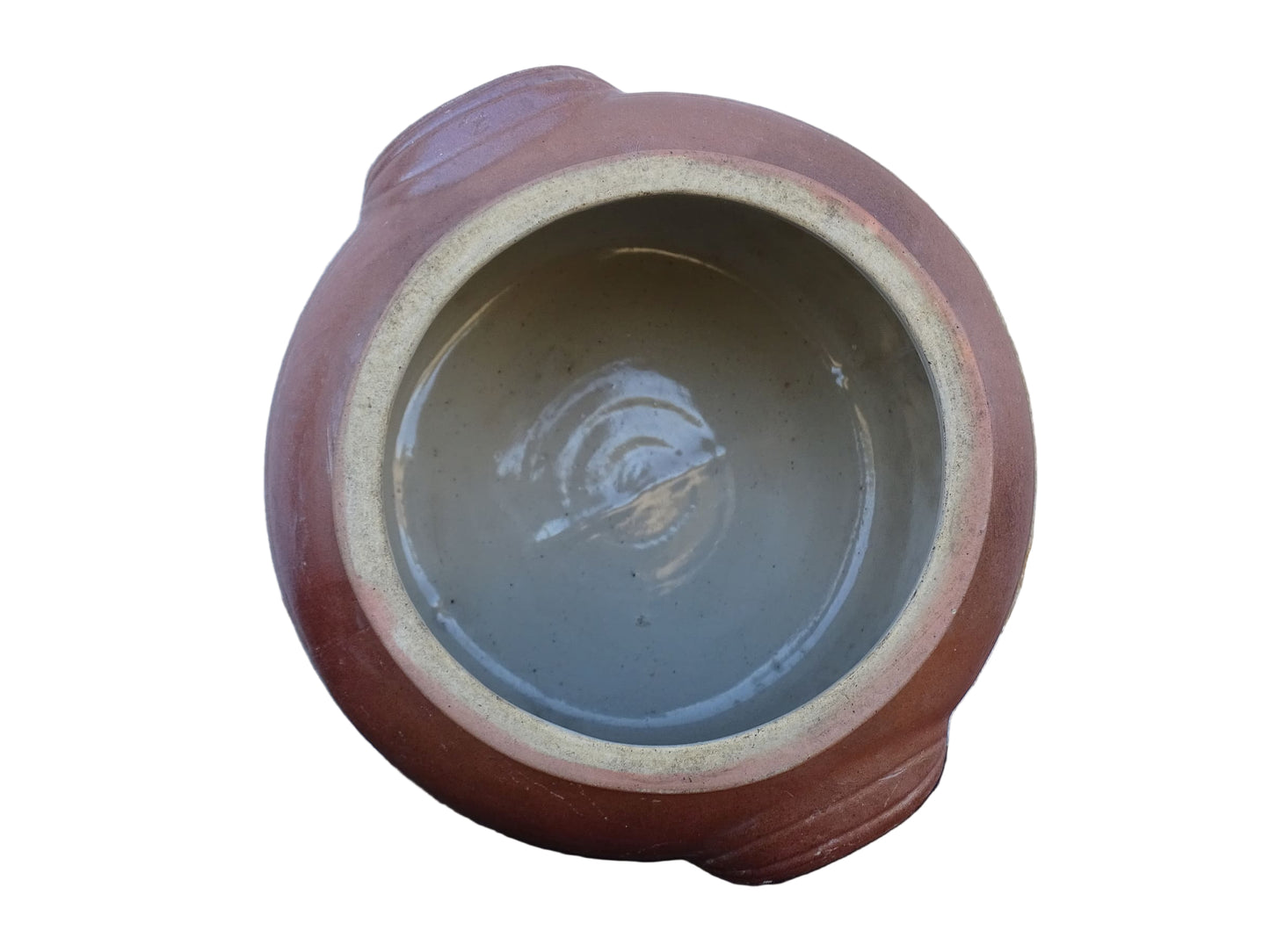  French antique stoneware pot with a brown salt glaze. This confit jar has two handles and a grey glaze to the interior. 