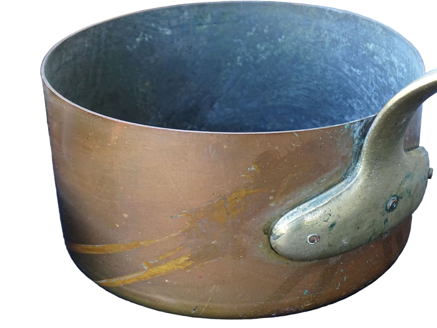 Set of seven French antique copper pans with brass handles. Tinned copper saucepans.