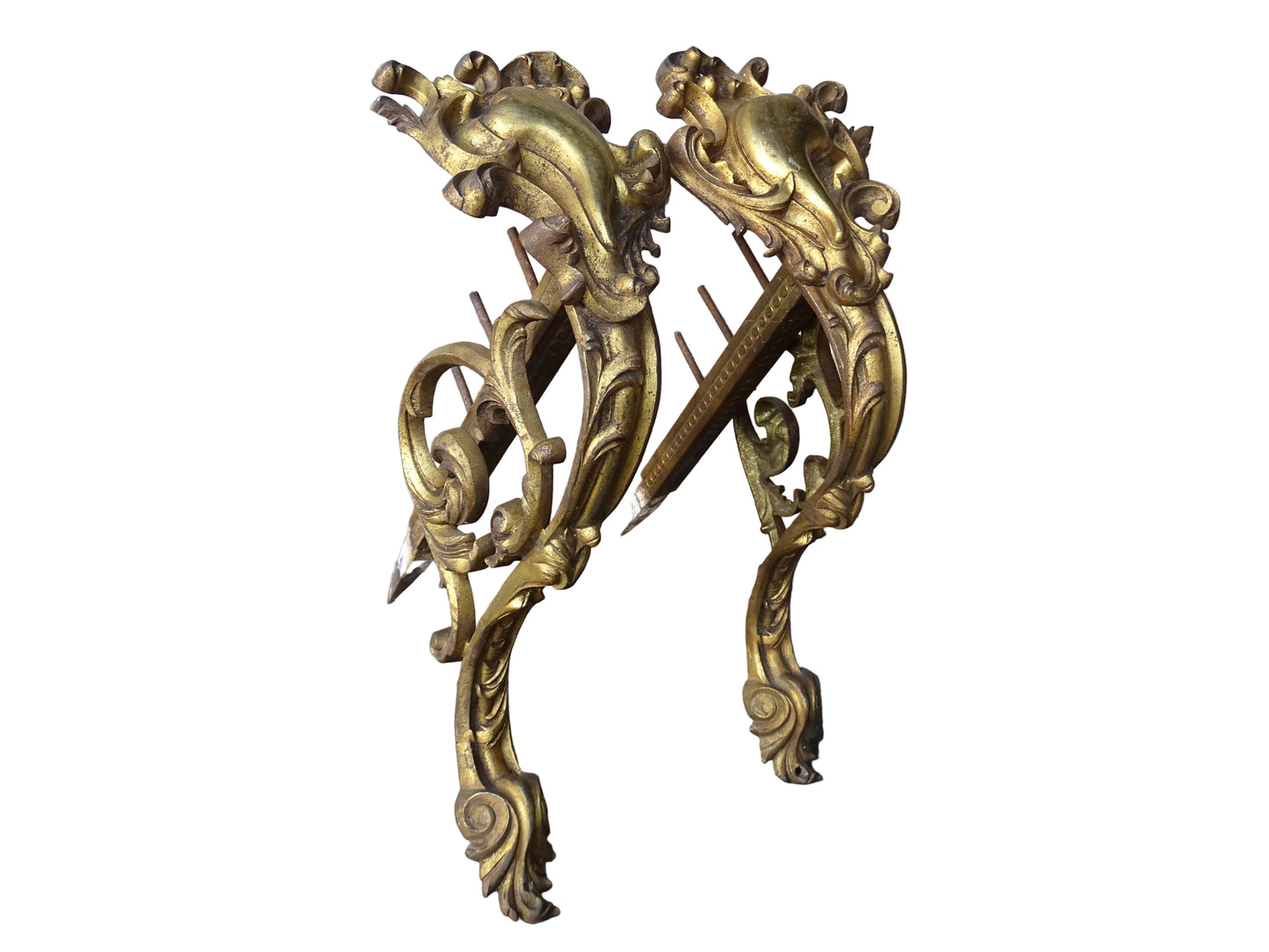 French antique ormolu curtain rod holders. Highly decorative gilt bronze curtain pole brackets.