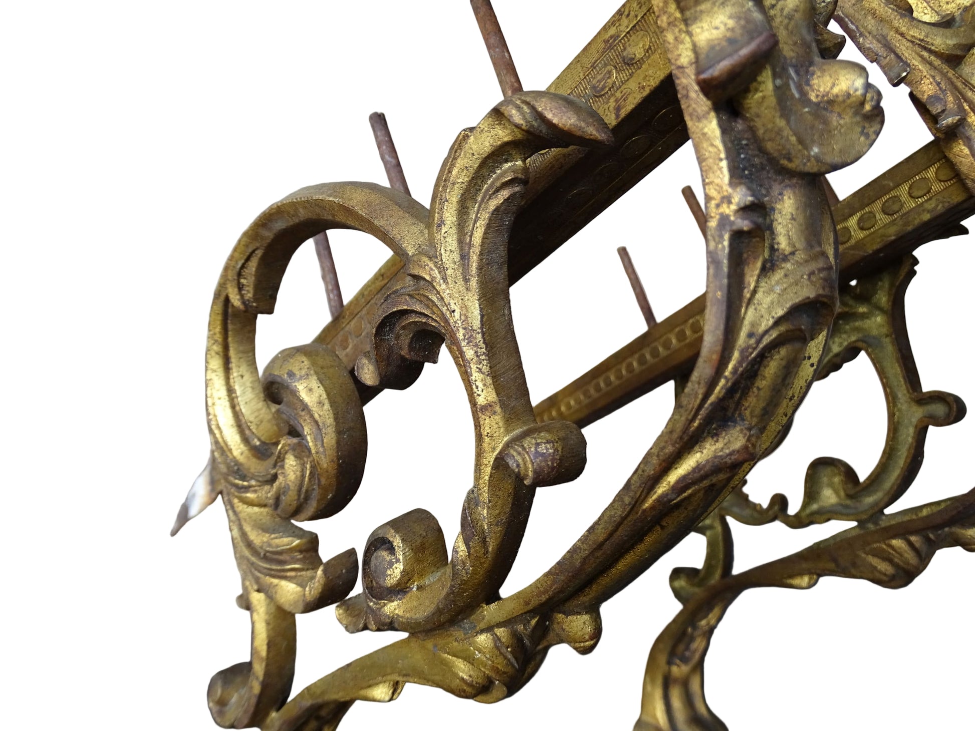 French antique ormolu curtain rod holders. Highly decorative gilt bronze curtain pole brackets.