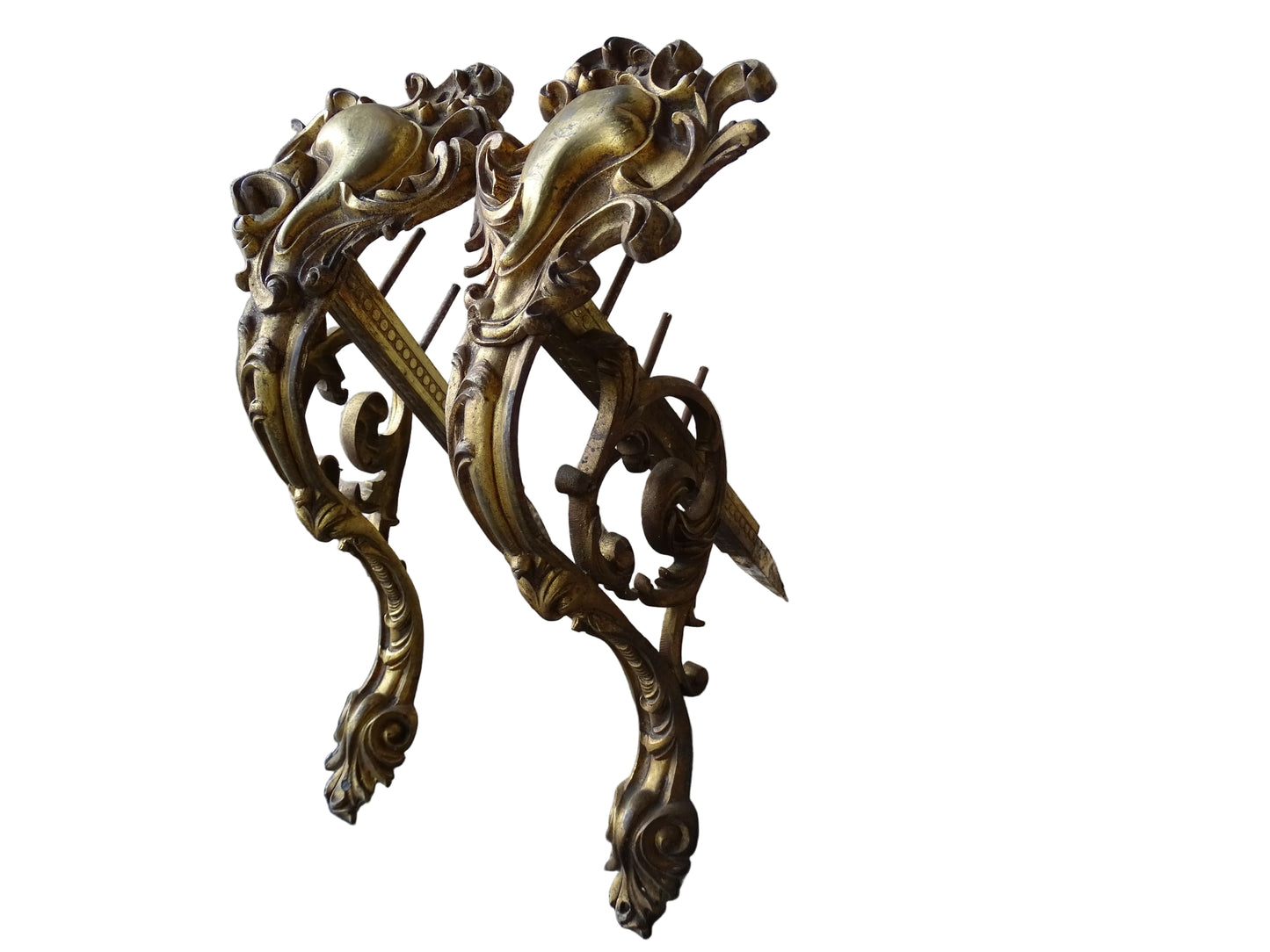 French antique ormolu curtain rod holders. Highly decorative gilt bronze curtain pole brackets.