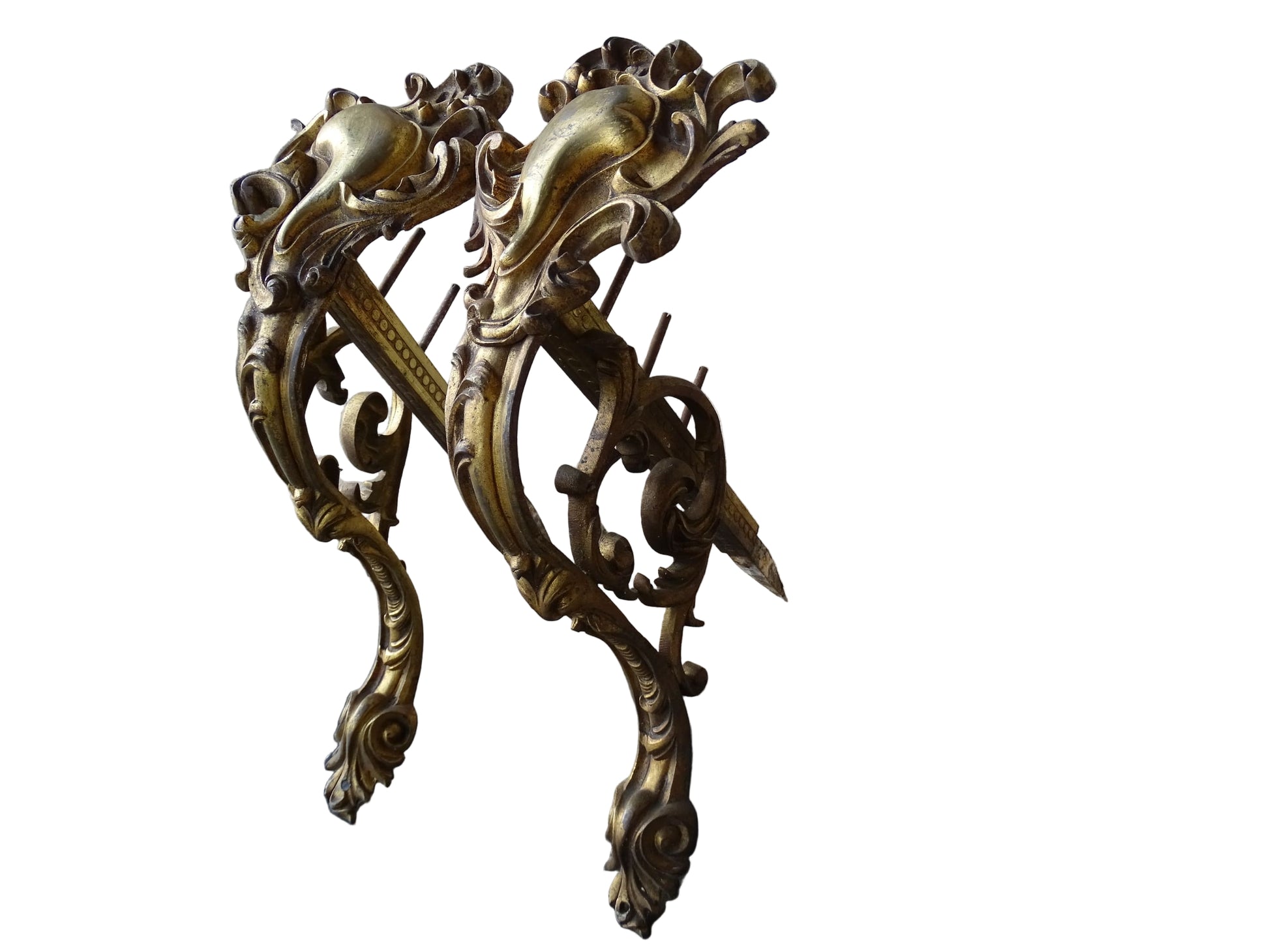 French antique ormolu curtain rod holders. Highly decorative gilt bronze curtain pole brackets.