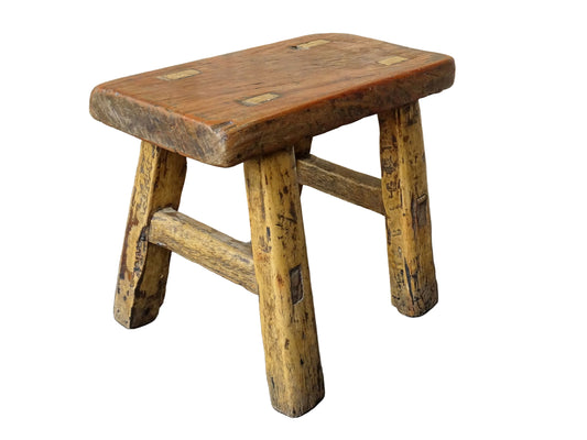 Small French antique wooden stool with patina